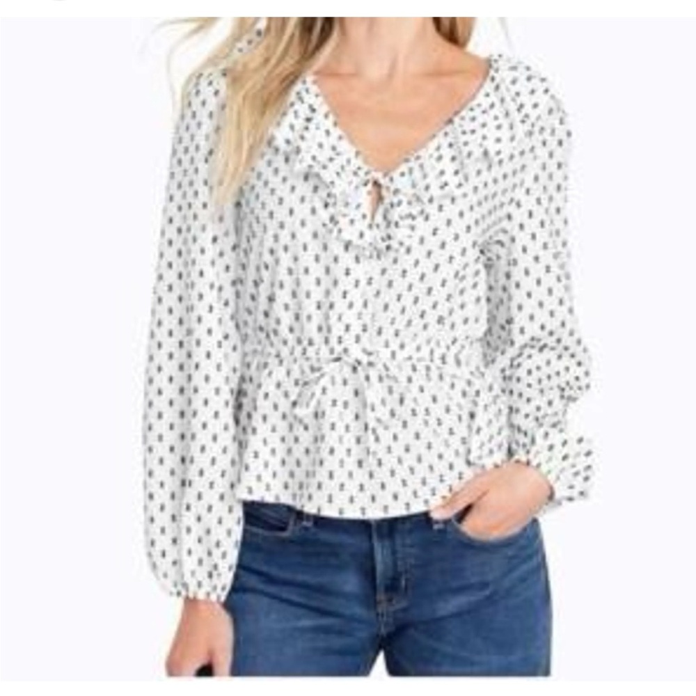 Women’s Old Navy Waist Defined White Ruffle Clip Dot Blouse Top New With Tags 2X